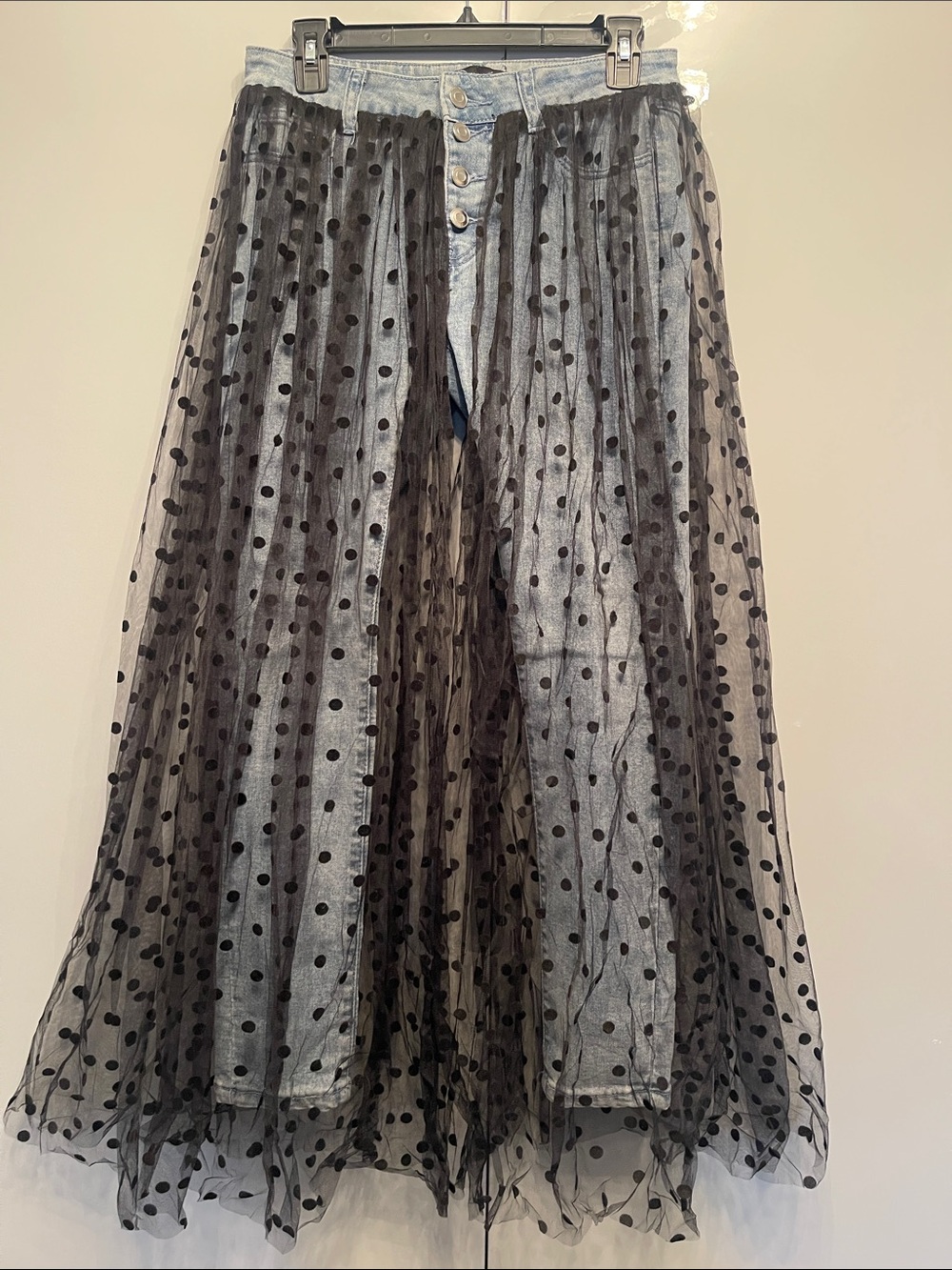Polka Dot Tulle Overlay A-Line Denim Skirt - Black